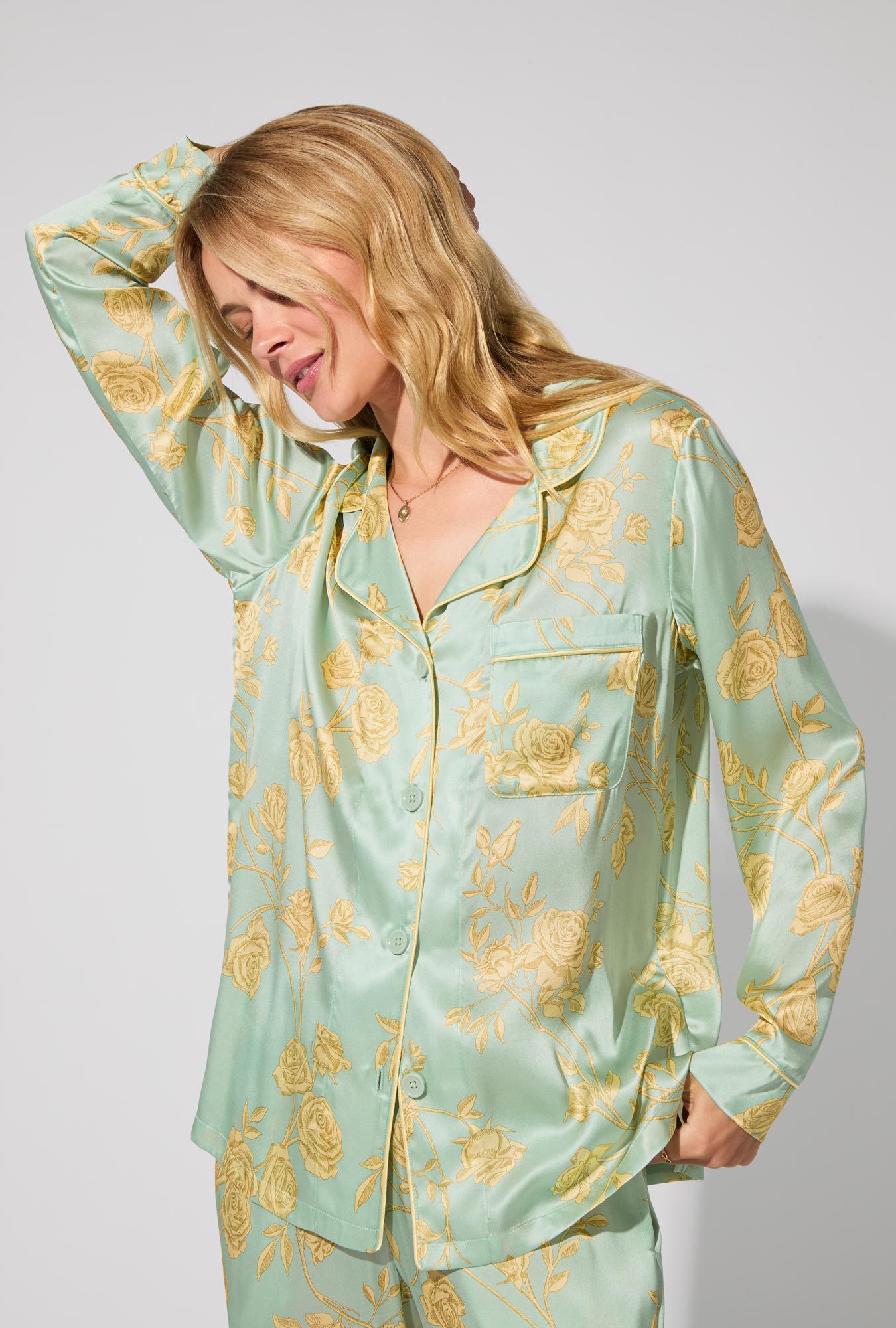 Royal Roses Long Sleeve Classic Woven Washable Silk Satin PJ Set