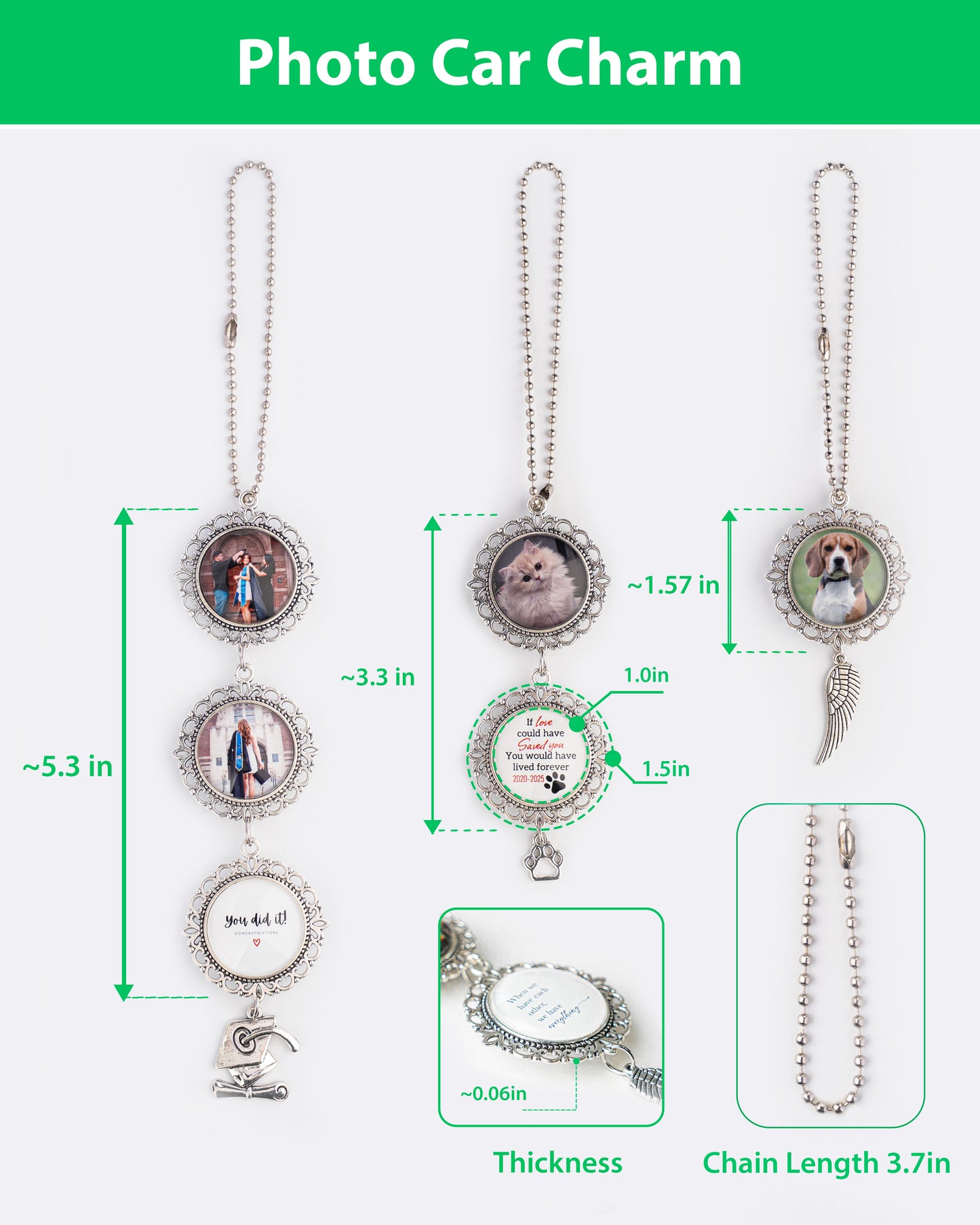 Wedding Photo Car Charm, Anniversary & Couple Photo Gift, Custom Rearview Mirror Access, Personalized Pet Memorial Rearview Charmory, Personalized Car Charm with Names or Quote.