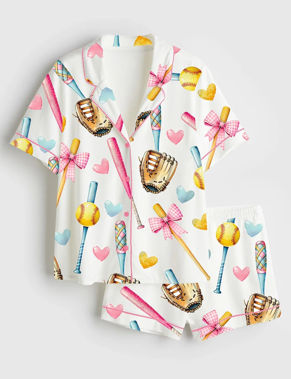 Women’s Softball Bow Softball Mom Softball Girl Short Sleeve Satin Pajama Set