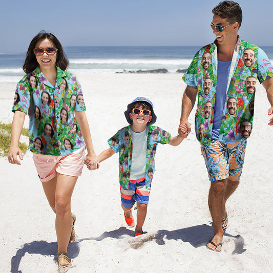 Custom Photo Hawaiian Shirt Couple Outfit Parent-child Wears Personalised Face Hawaiian Shirt Gift Colorful Parrot