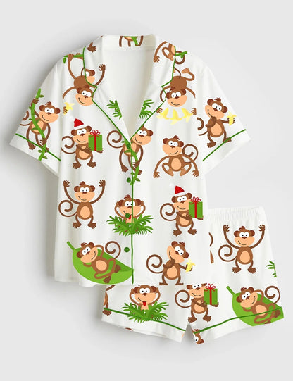 Women's Monkeys Short Sleeve Satin Pajama Set