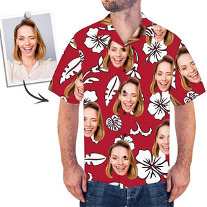 Custom Face Flowers And Leaves Beach Summer Short Sleeve Red Hawaiian Shirt