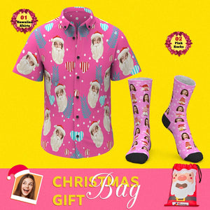 Christmas Gift Bags Custom Face Hawaiian Shirts And Socks Set For Him Pink Xmas