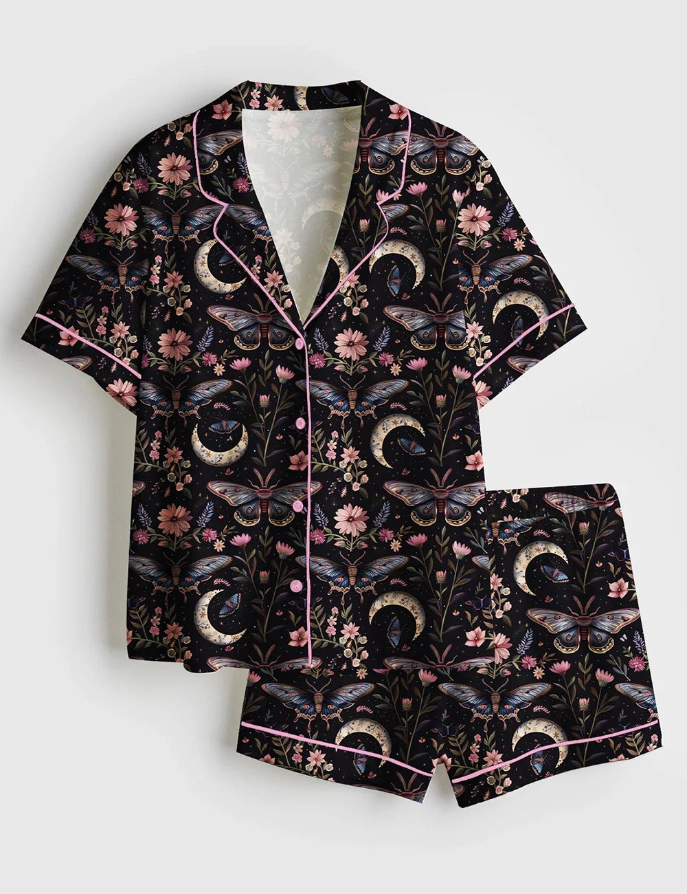 Women’s Night Garden Mystical Moth Magic Witchy Floral Short Sleeve Satin Pajama Set
