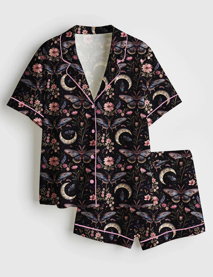 Women’s Night Garden Mystical Moth Magic Witchy Floral Short Sleeve Satin Pajama Set