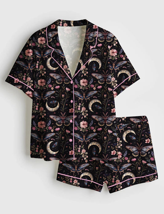 Women’s Night Garden Mystical Moth Magic Witchy Floral Short Sleeve Satin Pajama Set