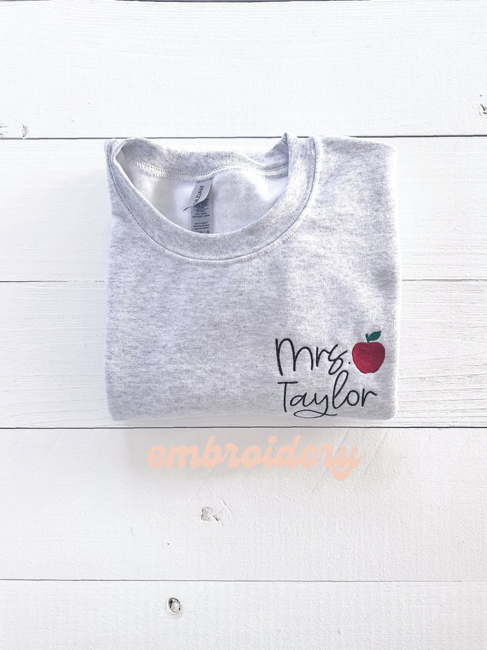 Embroidered Teacher Sweatshirt, Personalized Name Apple Teacher Gift, Customized Embroidered Sweatshirt, Gift for Tutor, Custom Sweater