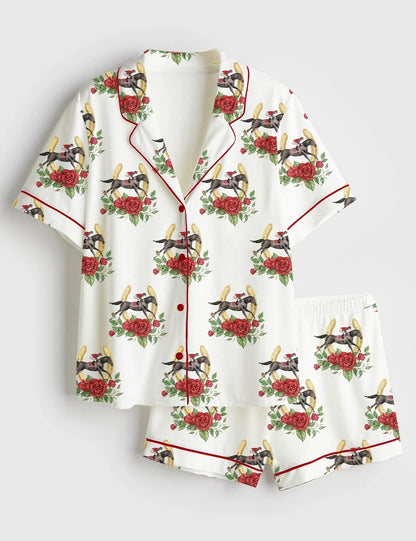 Women’s Kentucky Derby Red Roses Horse Race Western Short Sleeve Satin Pajama Set