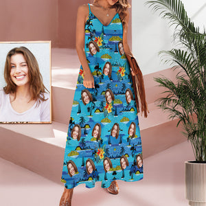 Custom Face Sling Hawaiian Style Long Dress Vice City Large Leaves