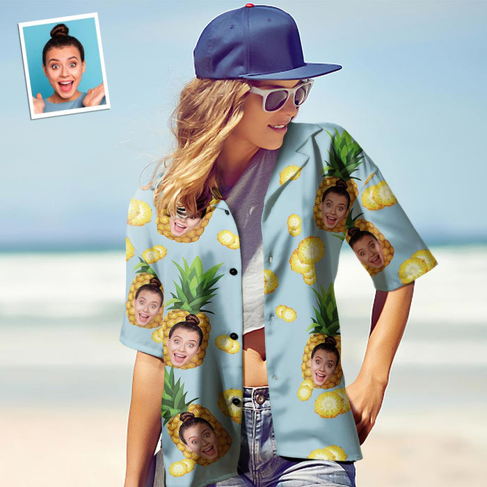 Custom Face Hawaiian Shirt Women's All Over Print Big Pineapple Short Sleeve Shirt