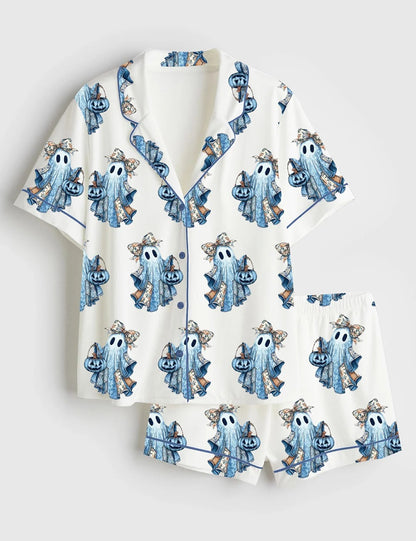 Women’s Retro Halloween Blue Denim Ghost Fall Pumpkin Short Sleeve Satin Pajama Set