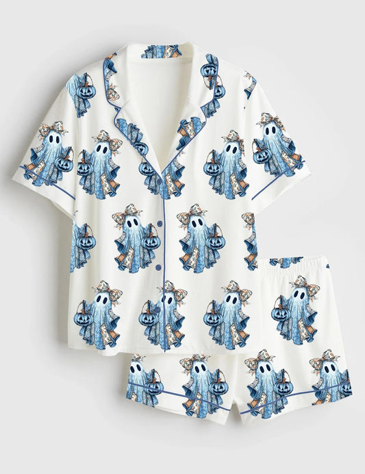 Women’s Retro Halloween Blue Denim Ghost Fall Pumpkin Short Sleeve Satin Pajama Set