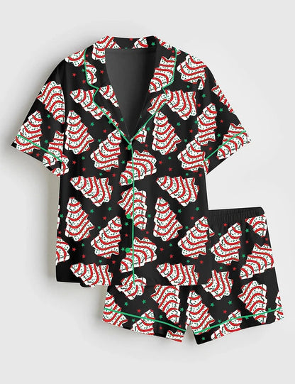 Women's Christmas Tree Cake Shorts Sleeve Satin Pajama Set