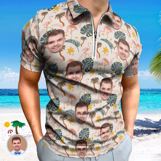 Custom Flamingo Wild Floral Men's Polo Shirt Personalized Face Funny Polo Shirt with Zipper