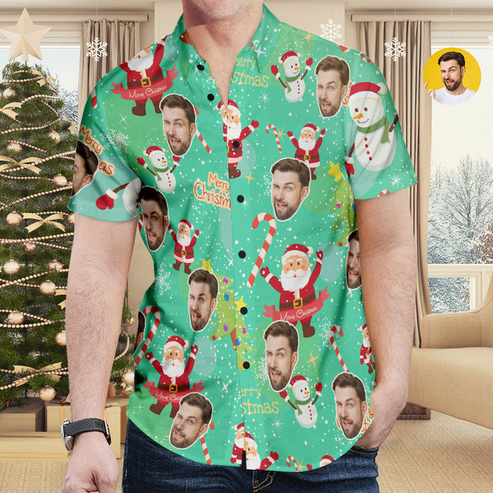 Custom Face Hawaiian Shirt Santa Claus and Snowman Shirt Christmas Gift for Men