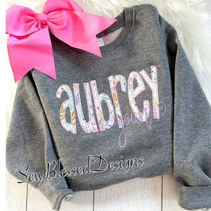 Girls Personalized Applique Sweatshirt. Crewneck Floral Applique Sweatshirt