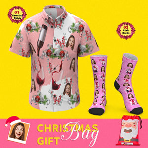 Christmas Gift Bags Custom Face Hawaiian Shirts And Socks Set For Him Pink Christmas