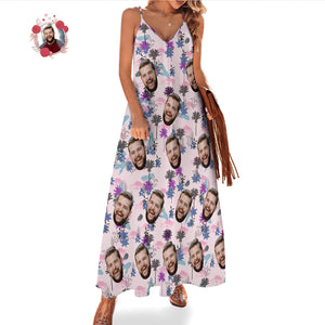 Custom Face Sling Hawaiian Style Long Dress All Over Print Clouds And Trees