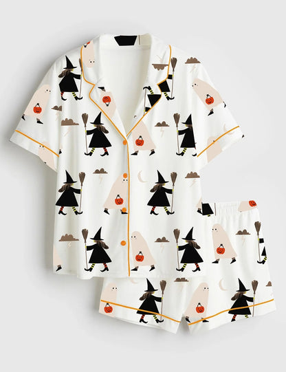 Women’s A Witch Holding A Broom And A Ghost Holding A Pumpkin Halloween Short Sleeve Satin Pajama Set