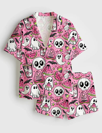 Women’s Spooky Watermelon Summer Ghost Skellie Skeleton Bat Drink Spooky Halloween Print Short Sleeve Satin Pajama Set