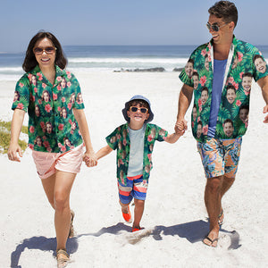 Custom Photo Hawaiian Shirt Couple Outfit Parent-child Wears Personalised Face Hawaiian Shirt Gift Red Flowers