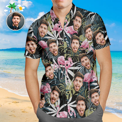 Custom Face Hawaiian Shirt Leaves and Flamingo Personalized Aloha Beach Shirt For Men