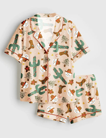 Women's Xmas Western Cowboy Boots Short Sleeve Satin Pajama Set