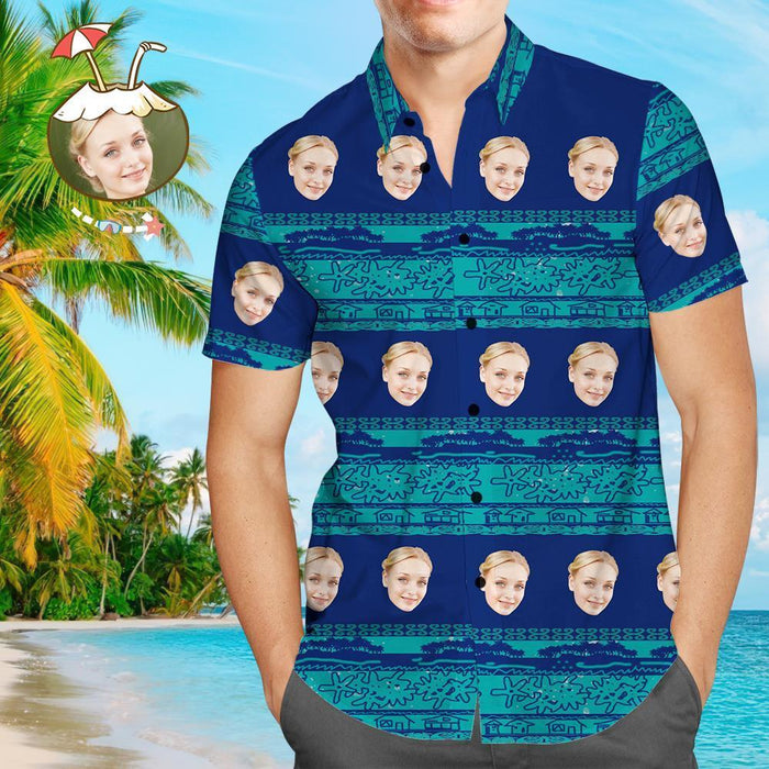 Custom Hawaiian Shirts Funny Muti-face Blue Personalized Aloha Beach Shirt For Men