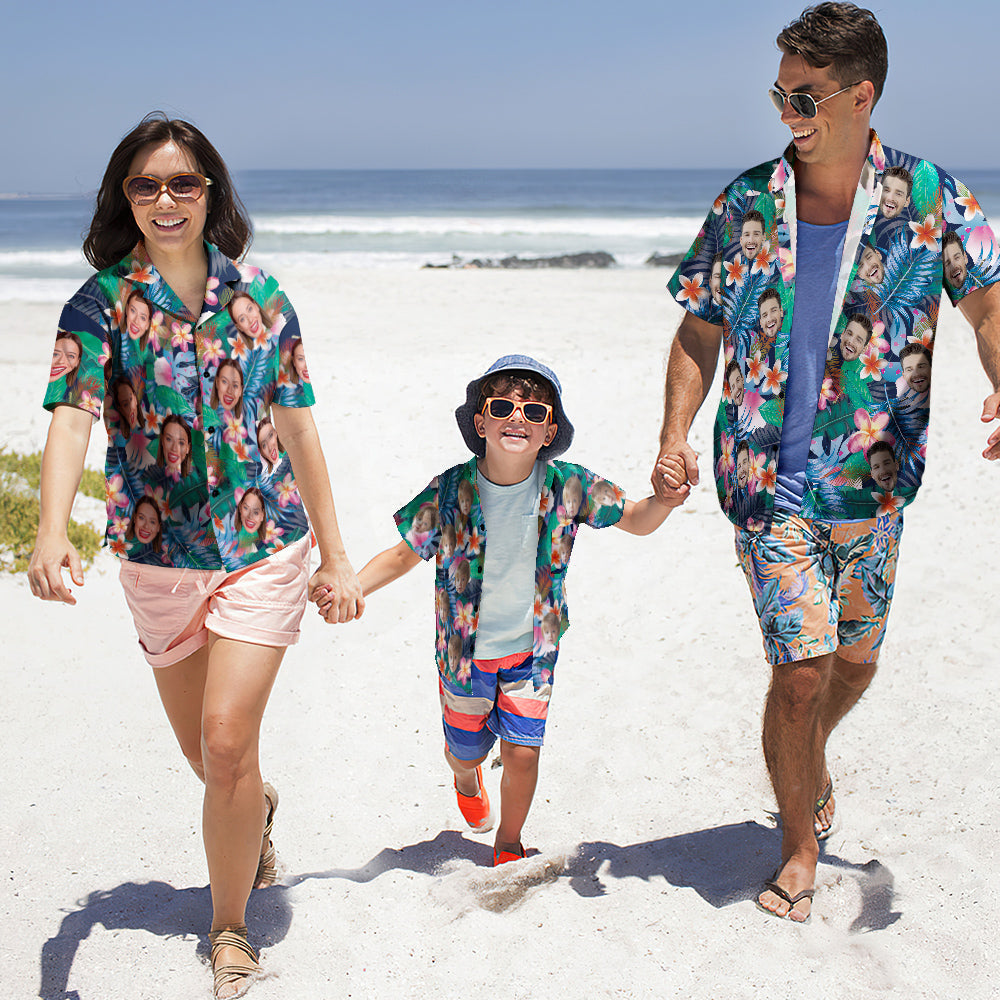 Custom Photo Hawaiian Shirt Couple Outfit Parent-child Wears Personalised Face Hawaiian Shirt Gift Colorful Flowers