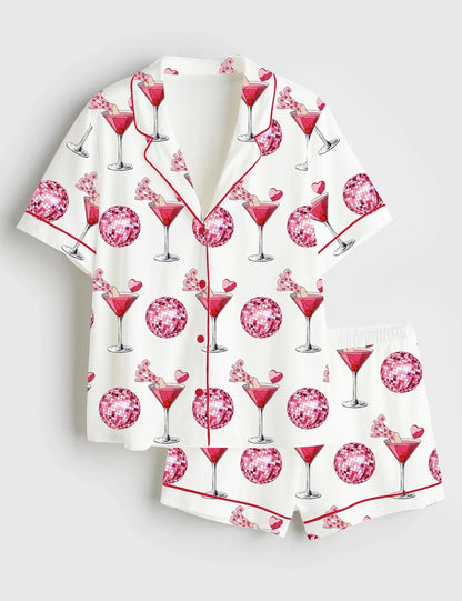 Women's Valentine's Day Cocktail Glass Short Sleeve Satin Pajama Set