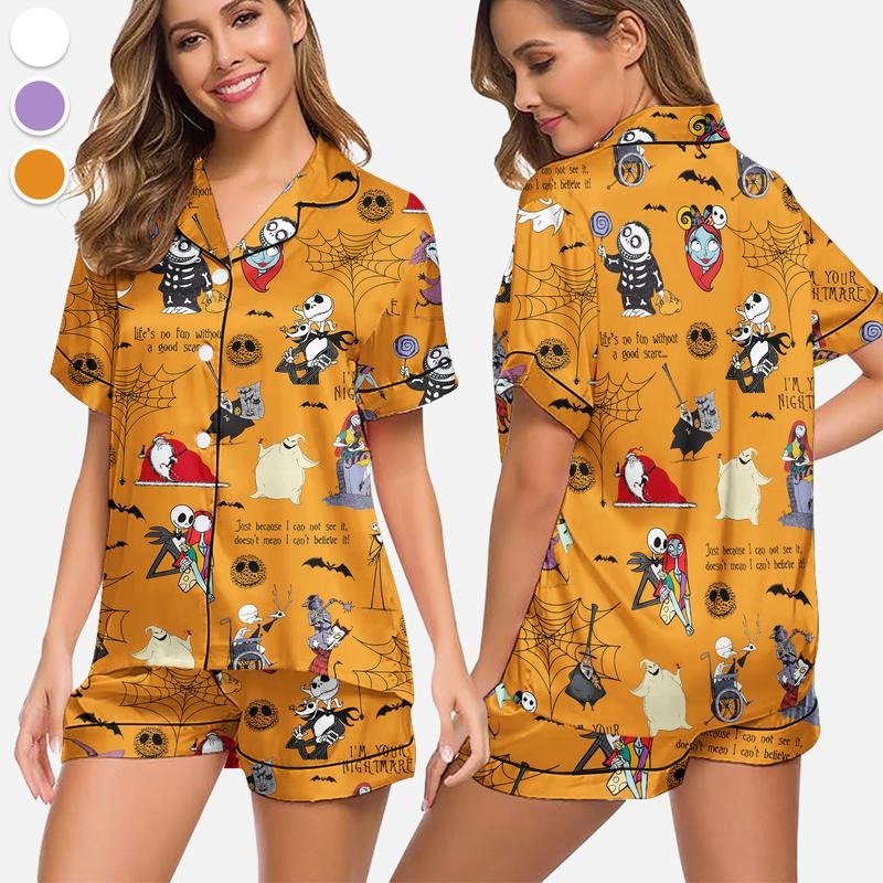 Corquette Halloween Pajamas Set for Women, Halloween Print Pajamas, Comfy Satin Silk Frabic, Halloween Loungwear, Gift For Her, Halloween Gift