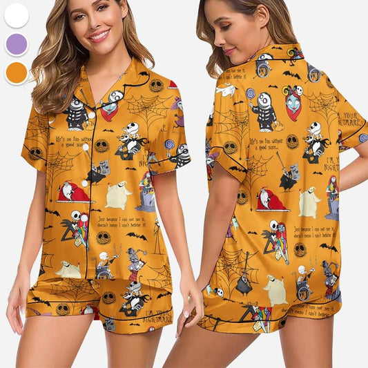 Corquette Halloween Pajamas Set for Women, Halloween Print Pajamas, Comfy Satin Silk Frabic, Halloween Loungwear, Gift For Her, Halloween Gift