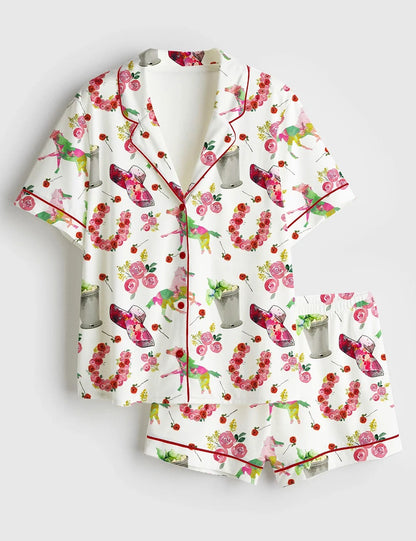 Women's Kentucky Derby Western Horse Pattern Short Sleeve Satin Pajama Set