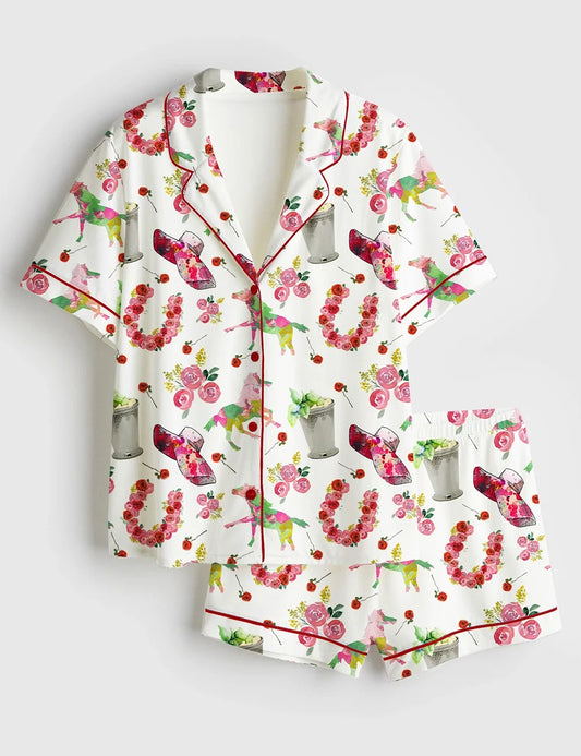 Women's Kentucky Derby Western Horse Pattern Short Sleeve Satin Pajama Set