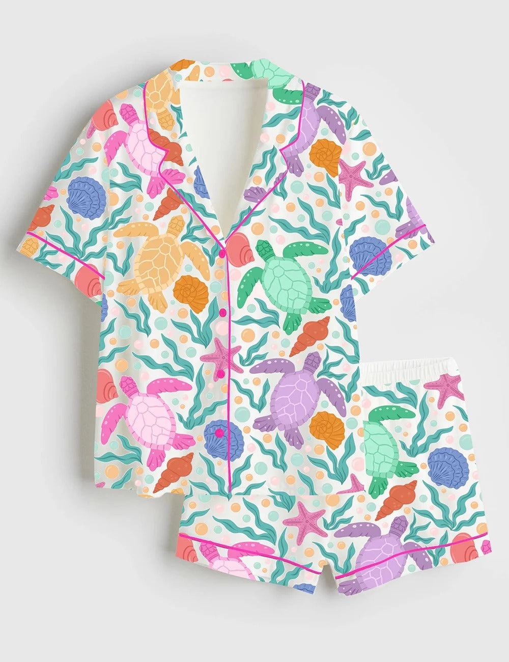 Women’s Seaturtles Summer Pattern Short Sleeve Satin Pajama Set