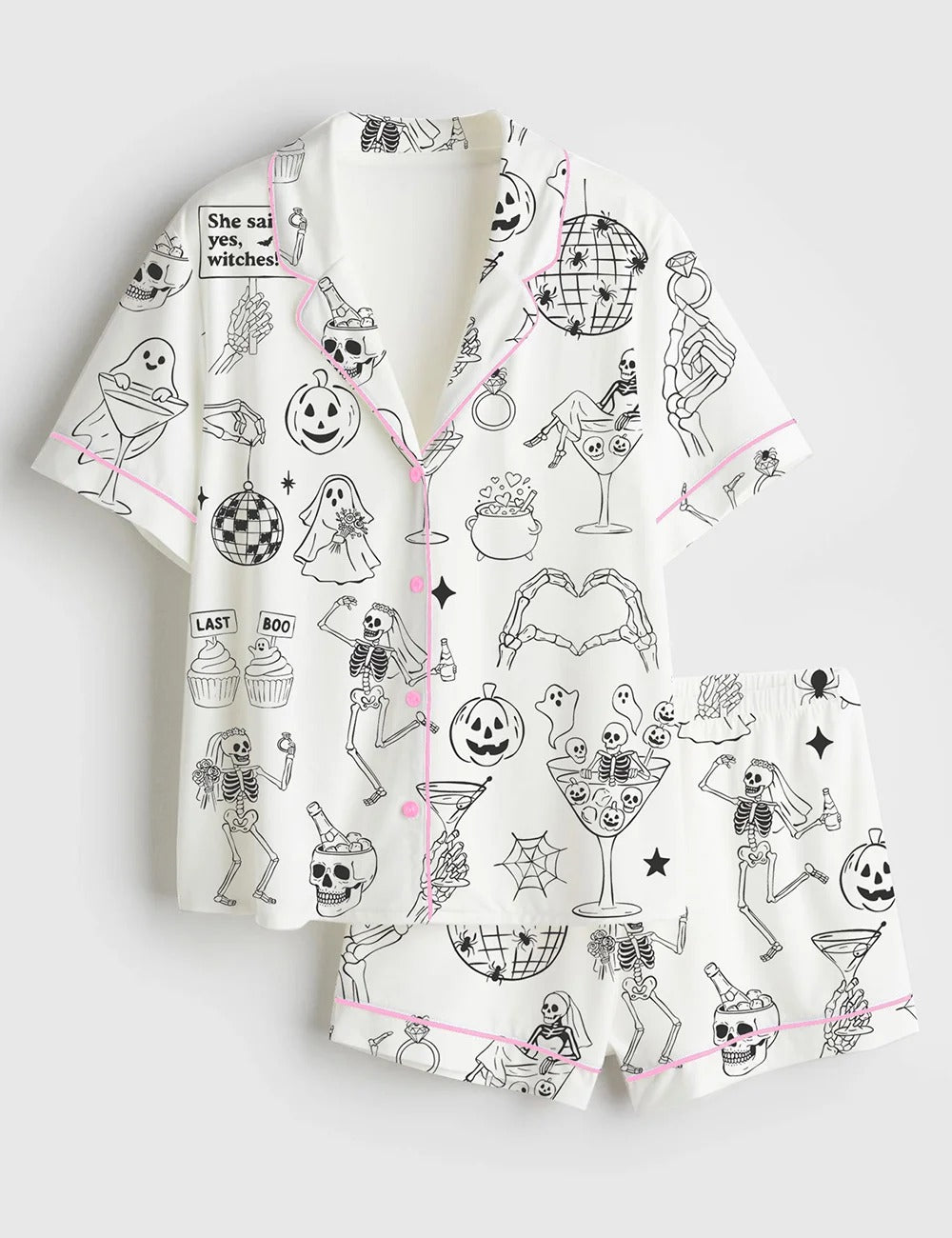 Women’s Halloween Spooky Bachelorette Til Death Do Us Whimsical Wedding Party Print Short Sleeve Satin Pajama Set