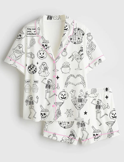 Women’s Halloween Spooky Bachelorette Til Death Do Us Whimsical Wedding Party Print Short Sleeve Satin Pajama Set
