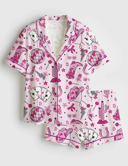 Women’s Western Pink Barbie Retro Short Sleeve Satin Pajama Set