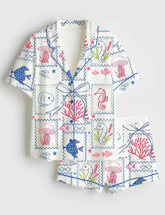 Women’s Summer Beach Jellyfish Seahorse Coastal Aesthetic Summer Print Short Sleeve Satin Pajama Set