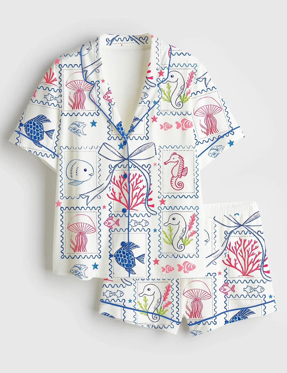 Women’s Summer Beach Jellyfish Seahorse Coastal Aesthetic Summer Print Short Sleeve Satin Pajama Set