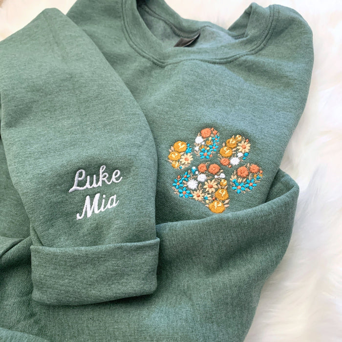 Floral Embroidered Fall Sweatshirt Custom Autumn Crewneck w Pet Name on Sleeve Fall Sweatshirt for Dog Lover Fall Fur MAMA Sweatshirt