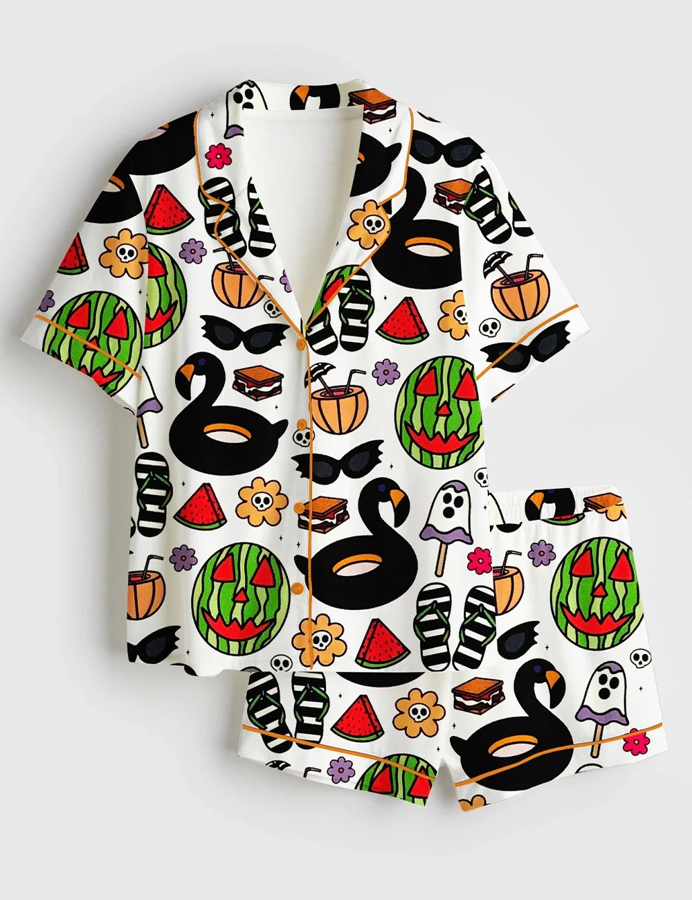 Women’s Summerween Halloween Ghost Slasher Scary Jack O Melon Swan Pool Float Print Short Sleeve Satin Pajama Set