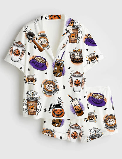 Women’s Halloween Coffee Short Sleeve Satin Pajama Set