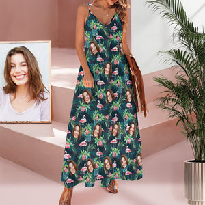 Custom Face Sling Hawaiian Style Long Dress Flamingo Flower