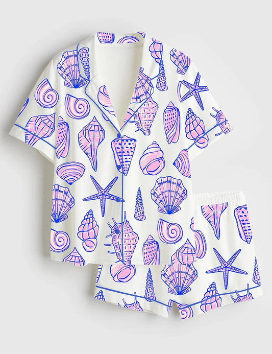 Women’s Seashell Summer Beach Art Short Sleeve Satin Pajama Set