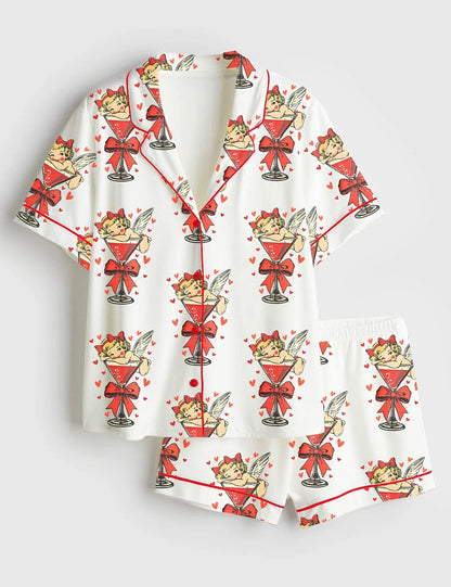 Women's Cupid Bring Espresso Martini Valentines Short Sleeve Satin Pajama Set