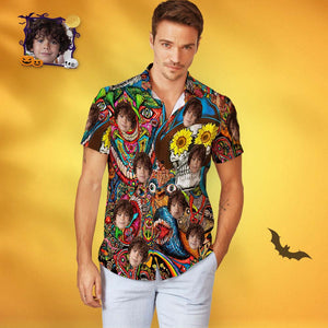 Men's Custom Face Halloween Hawaiian Shirt Skull Flower Print Personalized Hawaiian Shirt