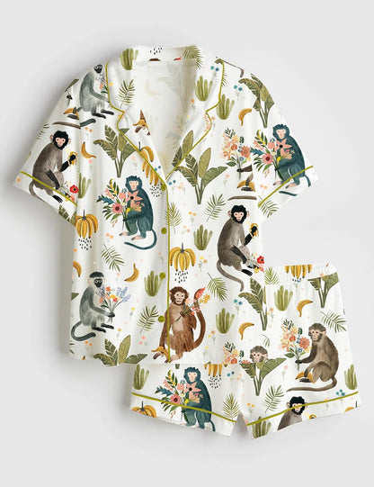 Women's Wildflower Bouquets With A Side Of Monkey Bananas Short Sleeve Satin Pajama Set