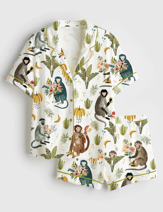 Women's Wildflower Bouquets With A Side Of Monkey Bananas Short Sleeve Satin Pajama Set