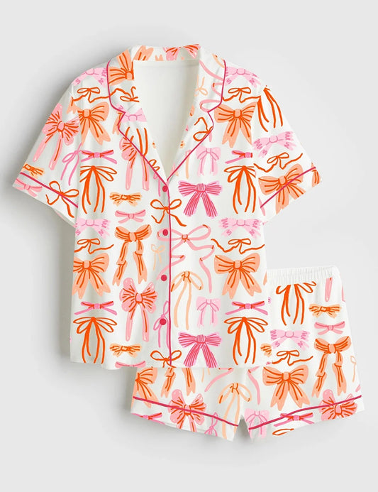 Women's Lace And Ribbons Coquette Bow Short Sleeve Satin Pajama Set